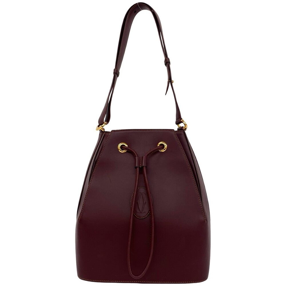 CARTIER Vintage Must Line Logo Leather 2-Way Drawstring Shoulder Bag Crossbod...
